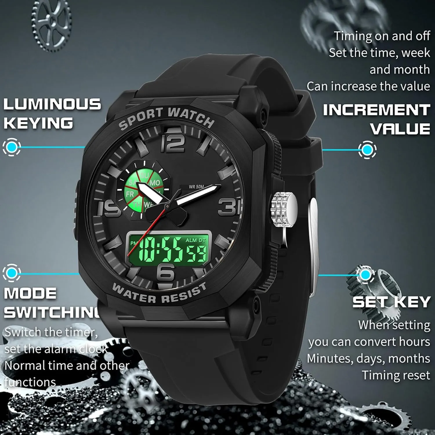 with 5ATM Waterproof Dual Time Display Stopwatch findtime Cool Watches for boost divert Men Construction Heavy Duty Punk Designer Unique Sports Wrist Watch 