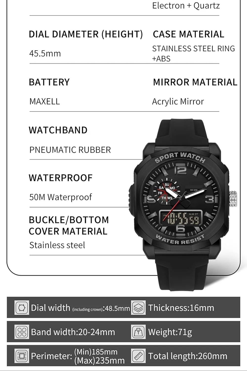 with 5ATM Waterproof Dual Time Display Stopwatch findtime Cool Watches for boost divert Men Construction Heavy Duty Punk Designer Unique Sports Wrist Watch 