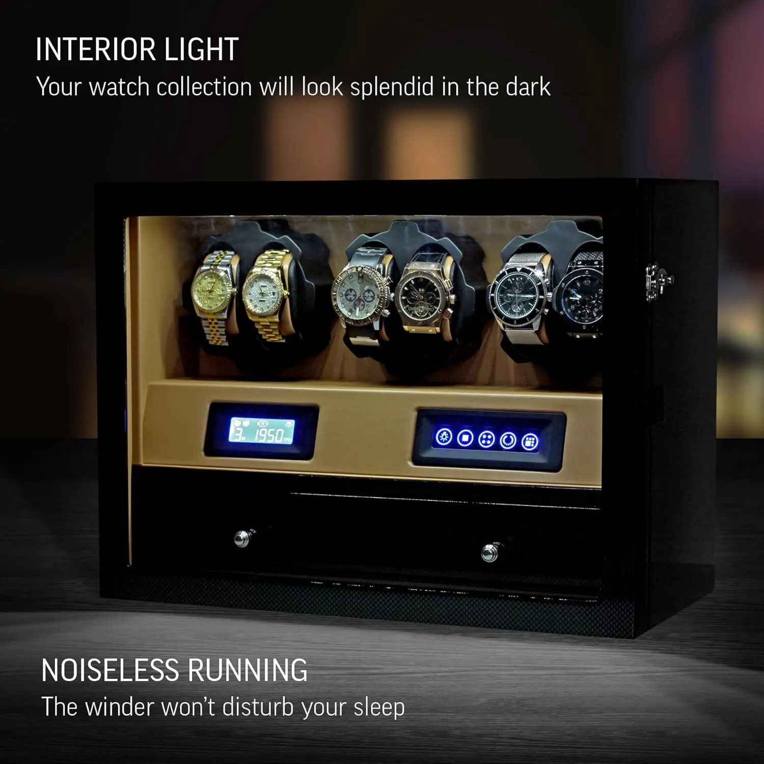 with 6 Storage Slots, LED Light and Automatic Motor-Stop Option Automatic breeze float stampede Watch Winder 
