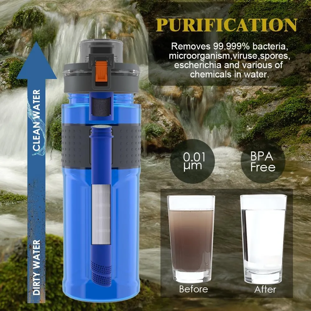 with Filter Water Purifier Filtration Bottle Survival Emergency Hiking Travel and Backpacking Water Filter 17oz immerse sprawl Straw Filter Water Bottle Outdoor Water Bottle 