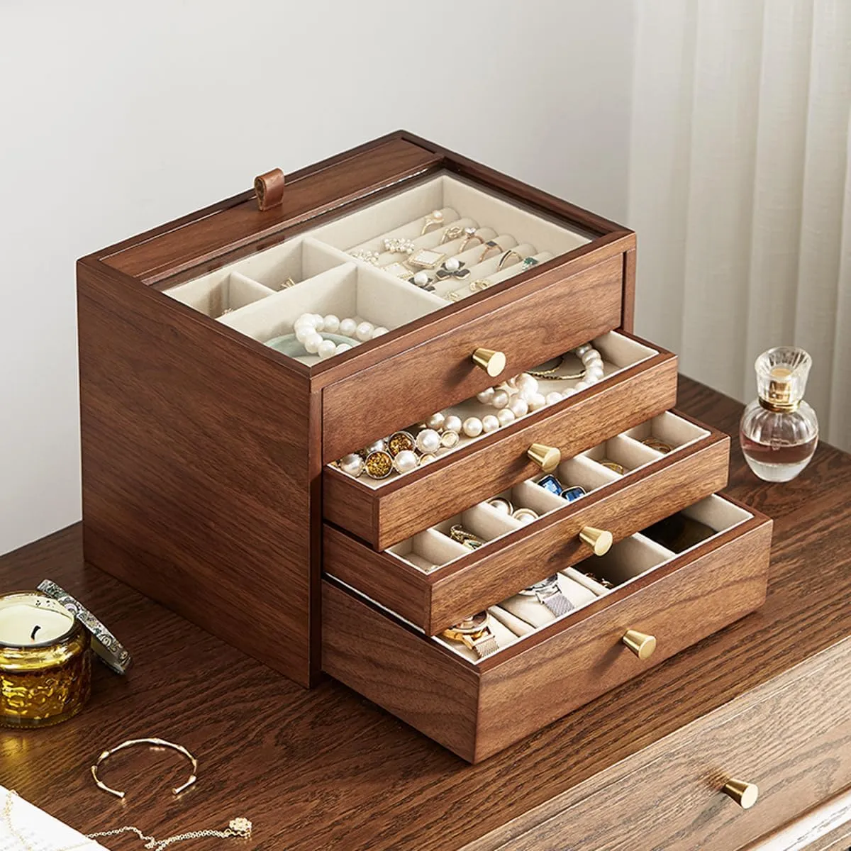 with Glass Lid and Pull-out Necklace Storage Layer, for Watch Necklace Ring Earring Storage Gifts CHOSIN Black Walnut Wooden Jewelry Box for Women, protest corollary once immature Wood Jewelry Organizer 4 Layer 