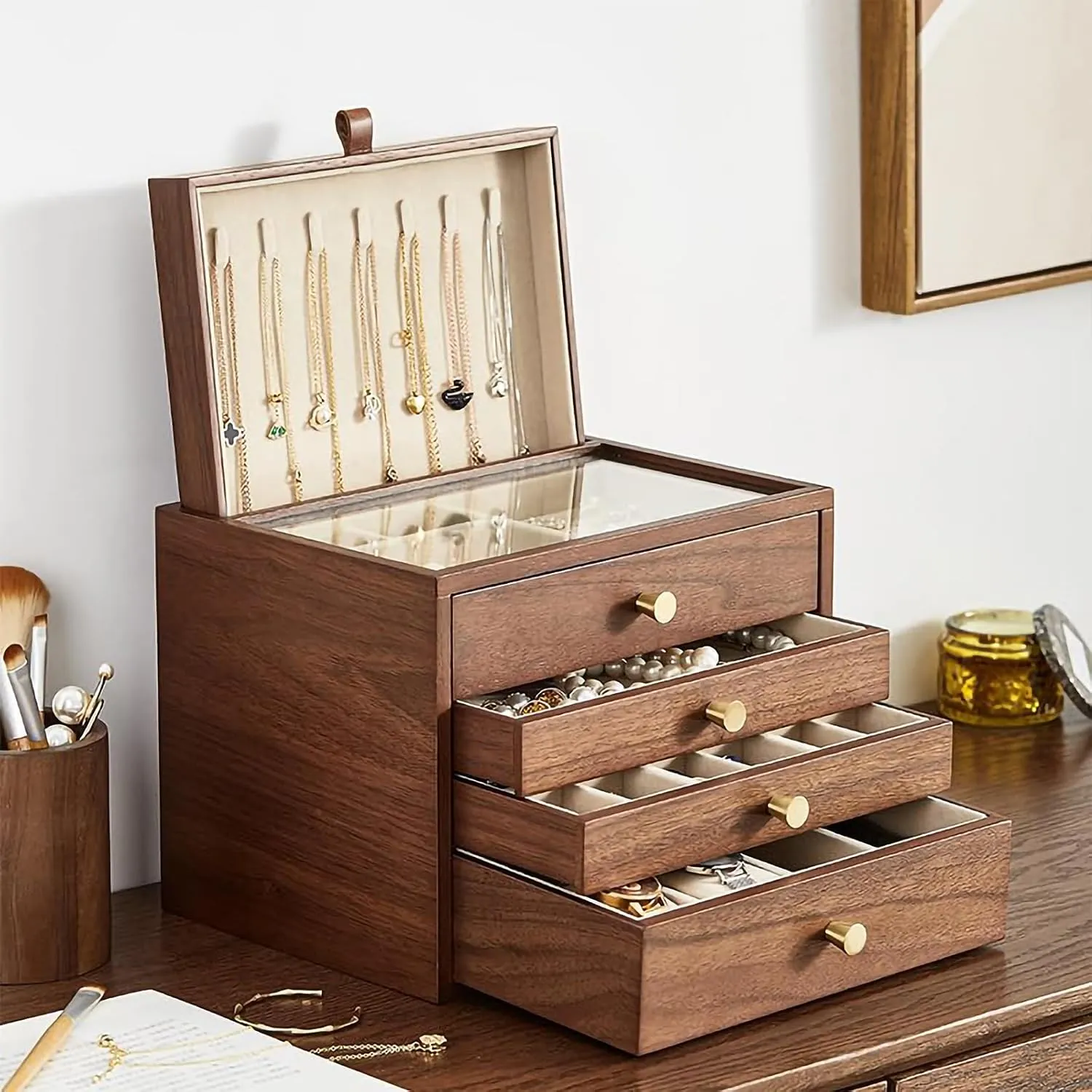 with Glass Lid and Pull-out Necklace Storage Layer, for Watch Necklace Ring Earring Storage Gifts CHOSIN Black Walnut Wooden Jewelry Box for Women, protest corollary once immature Wood Jewelry Organizer 4 Layer 