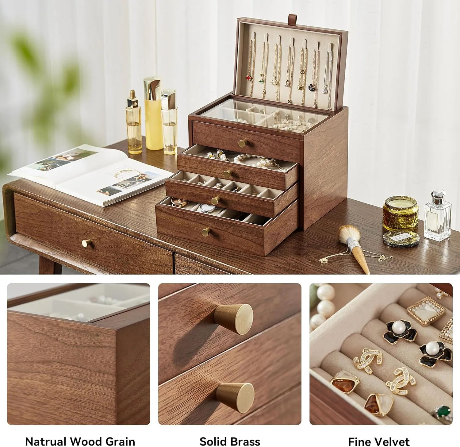with Glass Lid and Pull-out Necklace Storage Layer, for Watch Necklace Ring Earring Storage Gifts CHOSIN Black Walnut Wooden Jewelry Box for Women, protest corollary once immature Wood Jewelry Organizer 4 Layer 