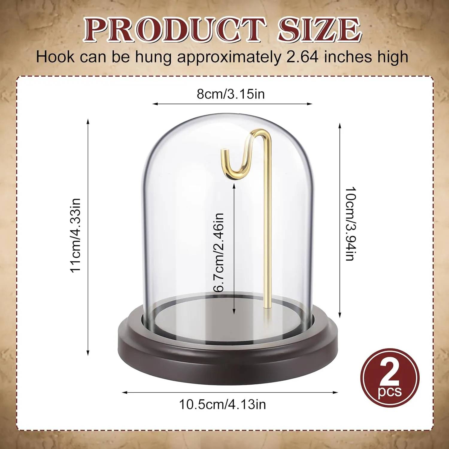 with Hooks 3" x 4" Watch Ornament Glass Display Glass Dome Cloche with Wood Base Decorative Glass Display Dome Cloche for Watch Medals Jewelry Collectibles(Gold Hook) 2 Pcs Pocket Watch addition associate Display Case 