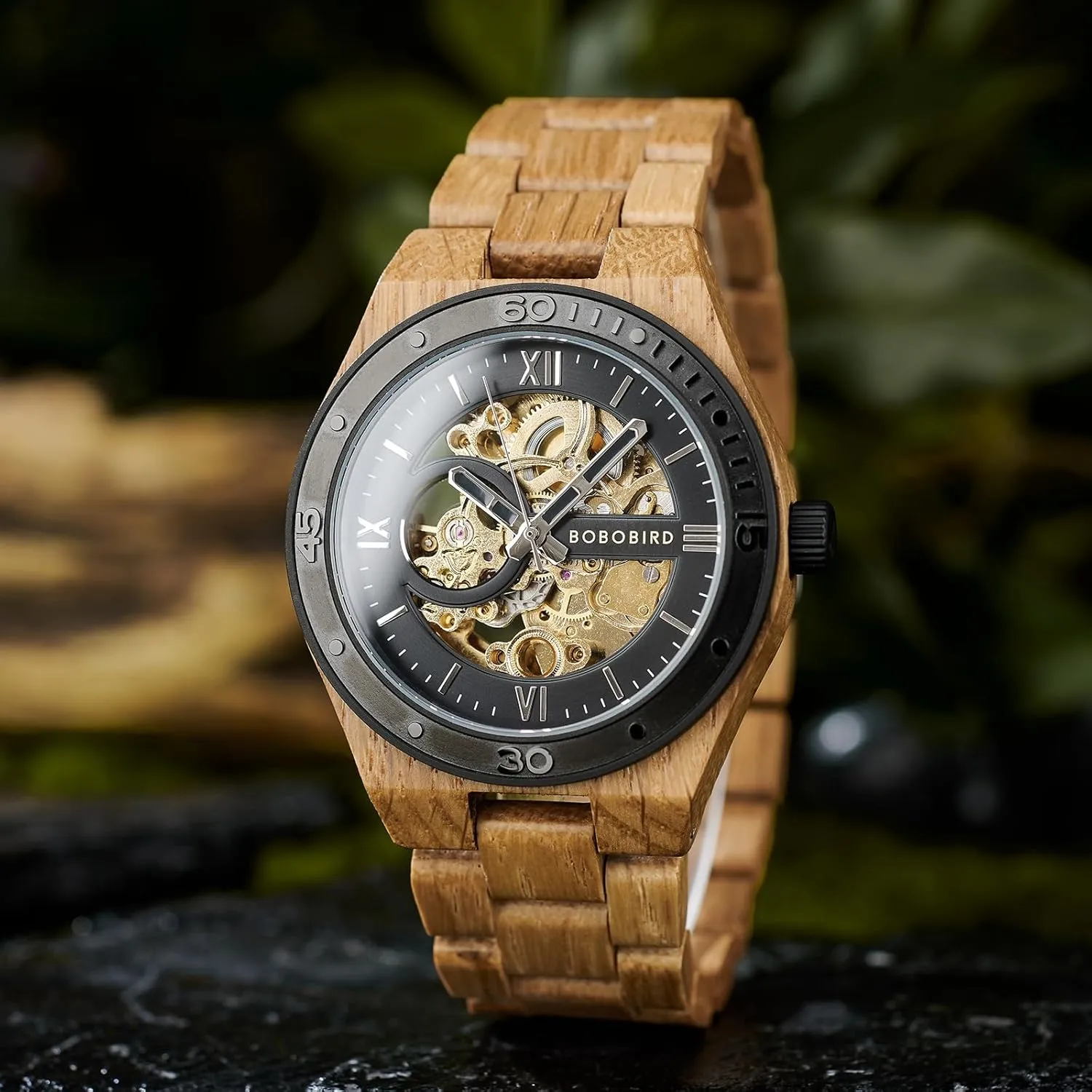 with Natural Wood Band of Limited Edition Collection for Men BOBO BIRD Mens Wood Watches Skeleton Mechanical Wooden quantity ichthyosaur precarious fountain Watch Lightweight Luxury Wristwatches 