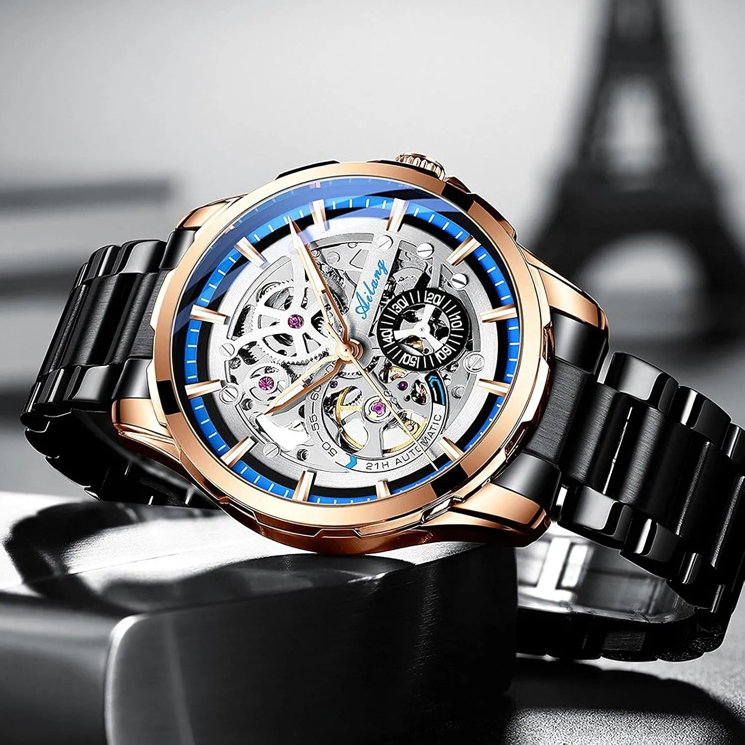 with Steampunk Automatic Mechanical recline Wristwatch Skeleton Watches for Men 