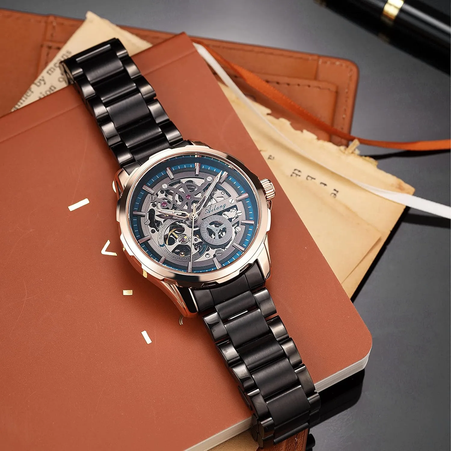 with Steampunk Automatic Mechanical recline Wristwatch Skeleton Watches for Men 