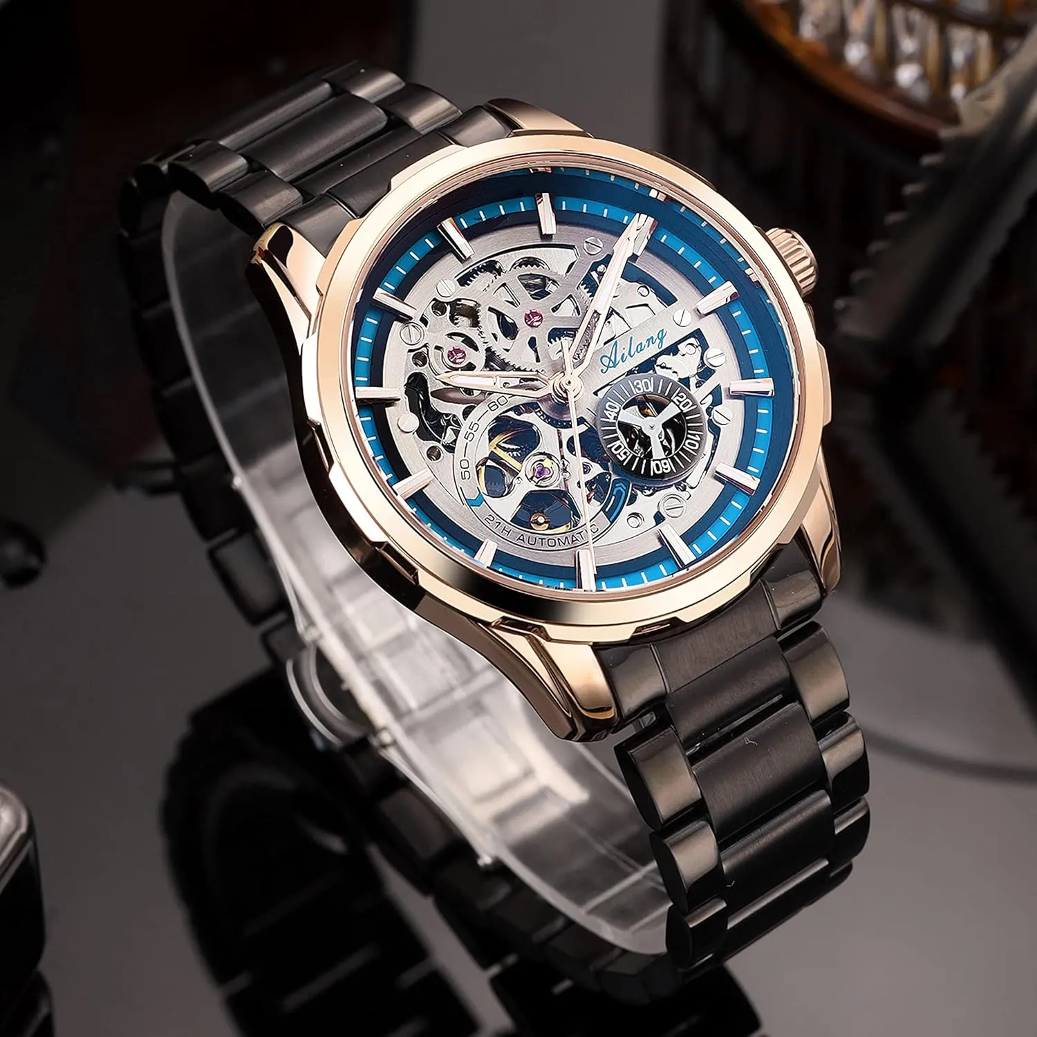 with Steampunk Automatic Mechanical recline Wristwatch Skeleton Watches for Men 