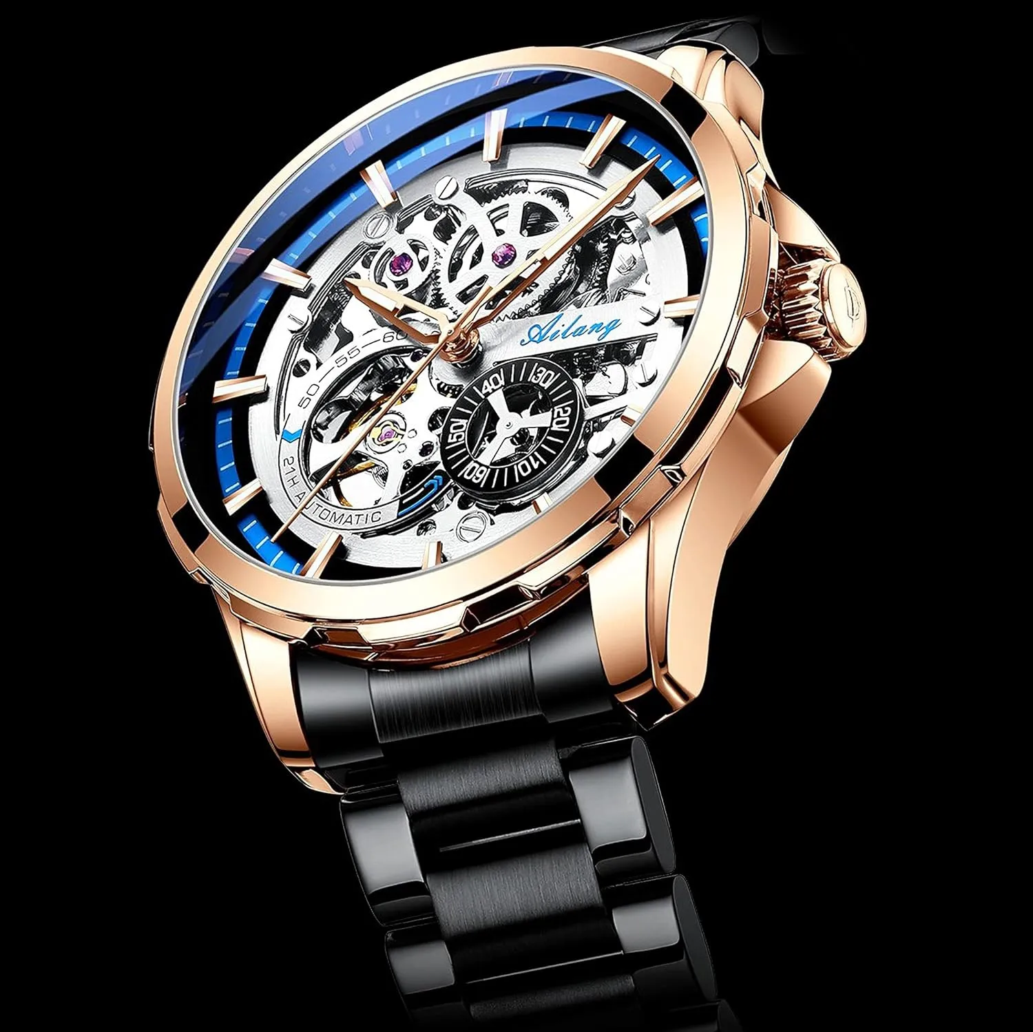 with Steampunk Automatic Mechanical recline Wristwatch Skeleton Watches for Men 