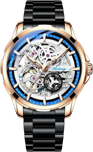 with Steampunk Automatic Mechanical recline Wristwatch Skeleton Watches for Men 