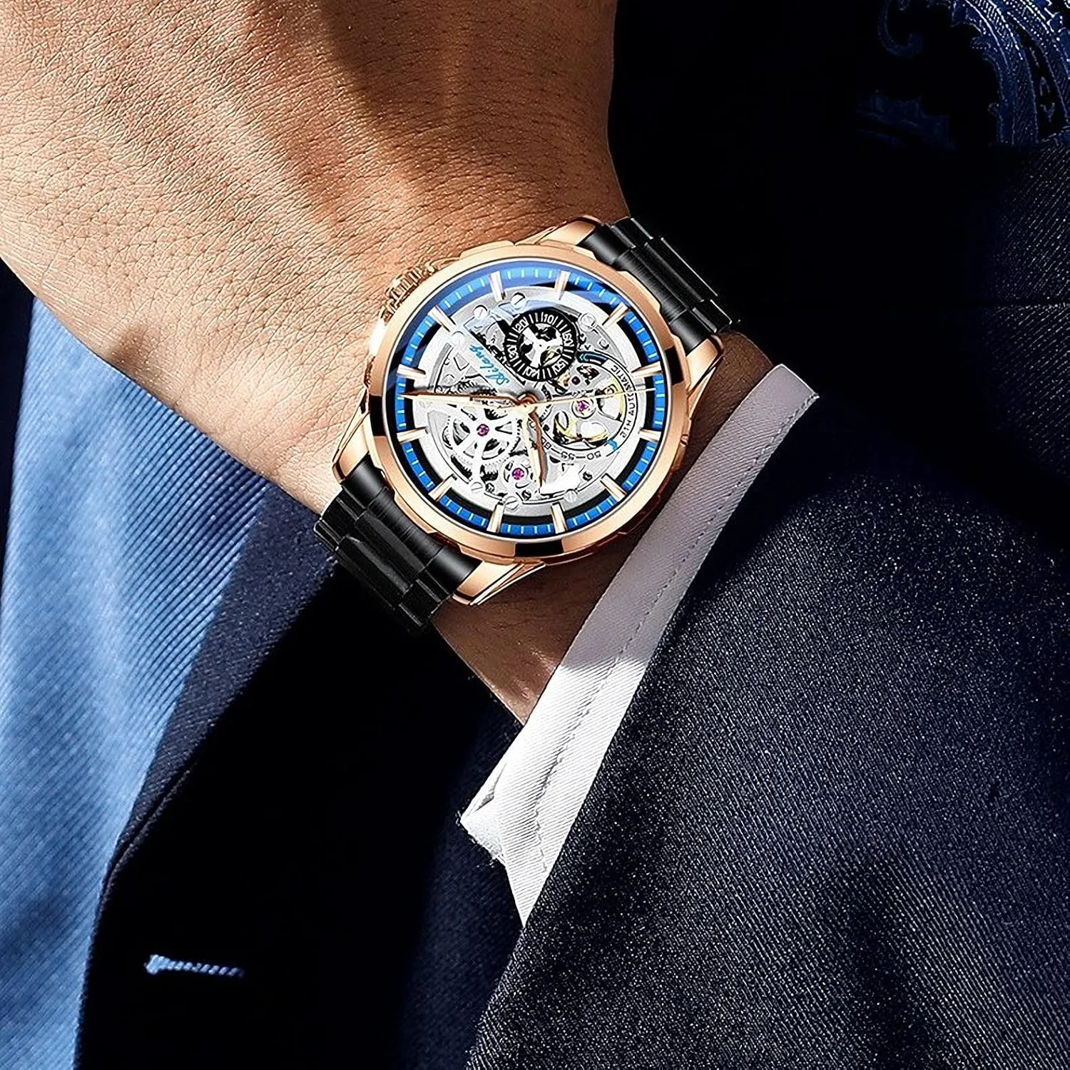 with Steampunk Automatic Mechanical recline Wristwatch Skeleton Watches for Men 