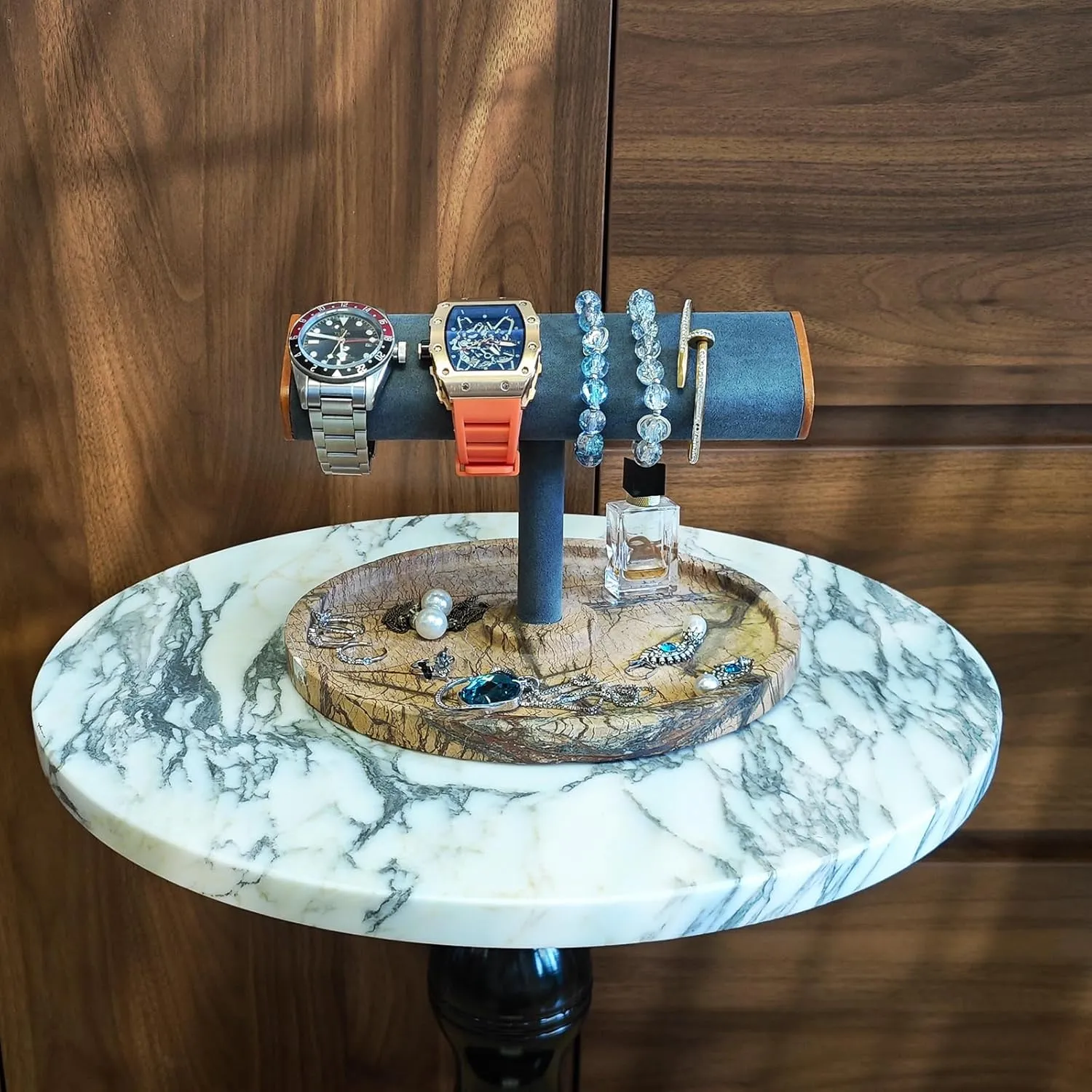 with tilt airborne eyebrow stable Marble Base, Jewelry Storage Tray, Gray Suede T-Bar (Coffee-Circle) Luxury Watch Display Stand 