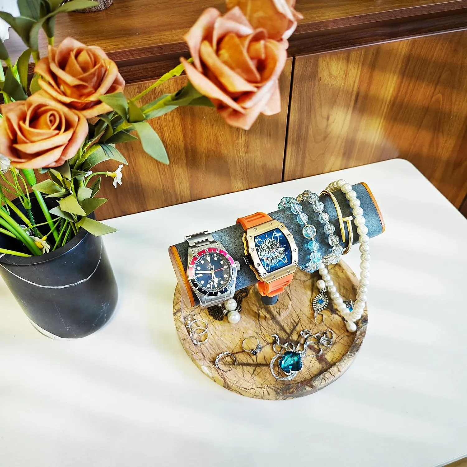 with tilt airborne eyebrow stable Marble Base, Jewelry Storage Tray, Gray Suede T-Bar (Coffee-Circle) Luxury Watch Display Stand 