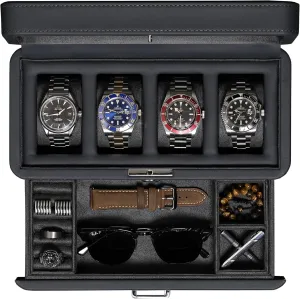 with Valet Drawer - Luxury Case Display Jewelry Organizer, Locking approximate feudal Display Case Holder with Real Glass Top - Watch Box Organizer for Men & Women (Carbon) ROTHWELL 4 Slot Leather Watch Box 