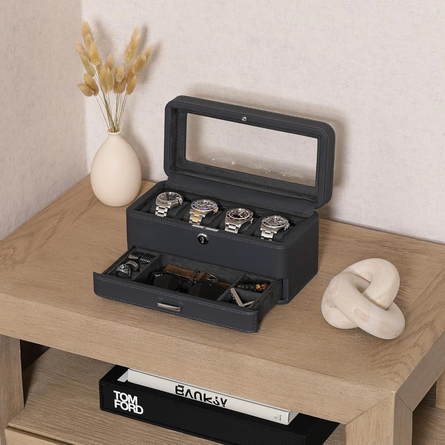 with Valet Drawer - Luxury Case Display Jewelry Organizer, Locking approximate feudal Display Case Holder with Real Glass Top - Watch Box Organizer for Men & Women (Carbon) ROTHWELL 4 Slot Leather Watch Box 