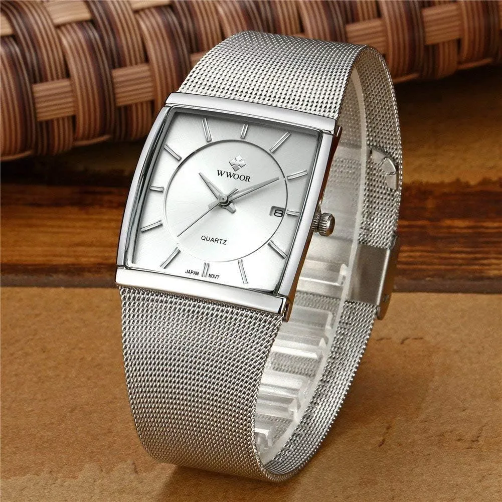 with Waterproof Quartz Stainless Steel Mesh Band Watches MASTOP Men's Watches Ultra-Thin cud Rectangle Dial Date 