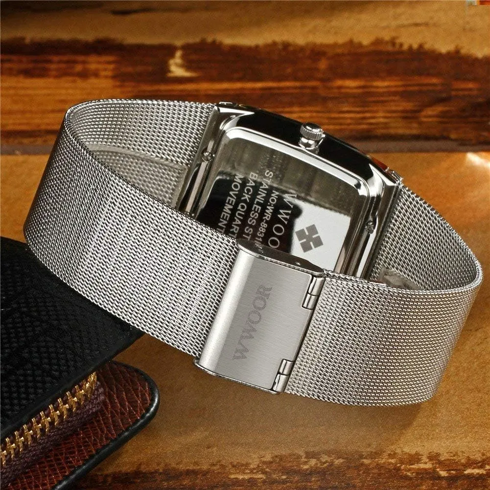 with Waterproof Quartz Stainless Steel Mesh Band Watches MASTOP Men's Watches Ultra-Thin cud Rectangle Dial Date 