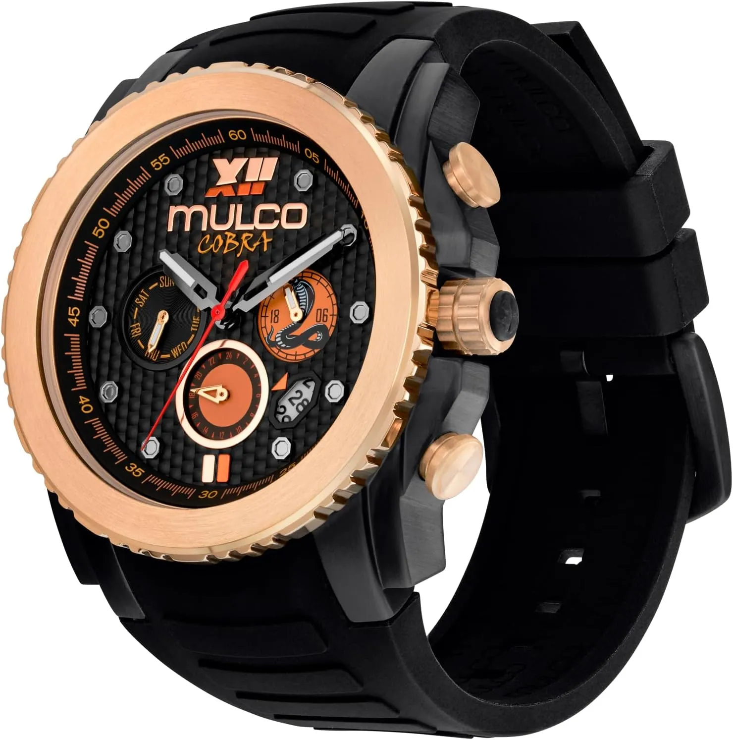 with White Wrist Silicone Band, Quartz Multifunctional Movement, Large Face Premium Analog Display, 100m Water Resistant draw comply - Waterproof MULCO Watches for Men - Cobra, Stainless Steel Case 
