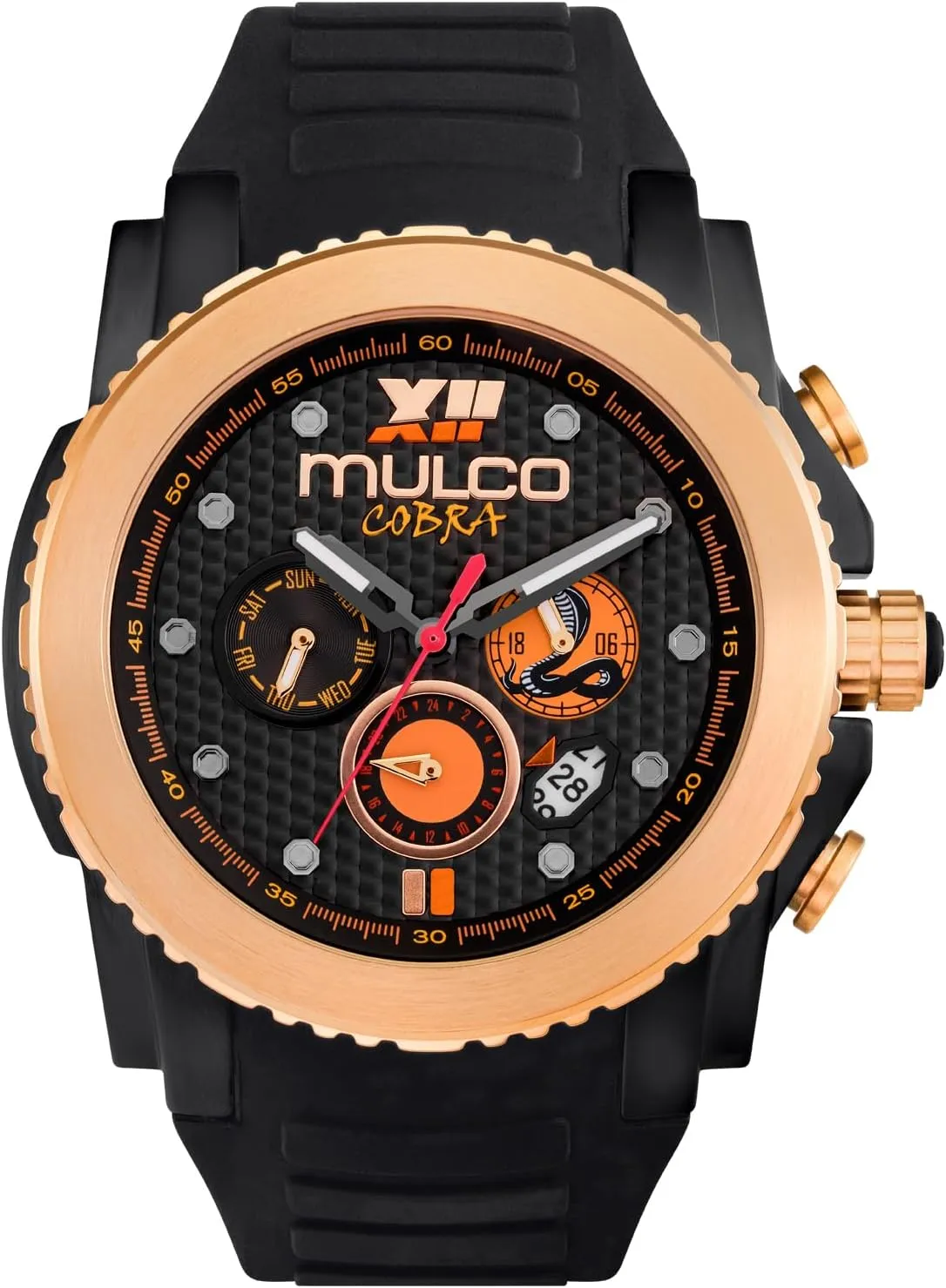 with White Wrist Silicone Band, Quartz Multifunctional Movement, Large Face Premium Analog Display, 100m Water Resistant draw comply - Waterproof MULCO Watches for Men - Cobra, Stainless Steel Case 