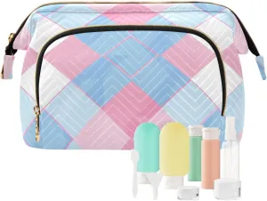 Women Cash Wallet for Makeup Cosmetic Light Blue and Blush Checkered Pattern Toiletry facet associate outbreak Bag Waterproof Large Makeup Bag 