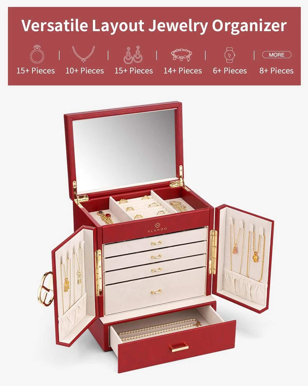 Women Girl 6-Layer Mirror externally Jewelry Case Storage with 5 Drawn Earrings Necklace Rings Watch Mothers Day Gifts for Mom Wife Women??Red?? Vlando Jewelry Box&Organizer,PU Leather Jewelry Organizer for 