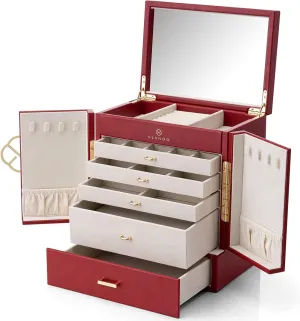 Women Girl 6-Layer Mirror externally Jewelry Case Storage with 5 Drawn Earrings Necklace Rings Watch Mothers Day Gifts for Mom Wife Women??Red?? Vlando Jewelry Box&Organizer,PU Leather Jewelry Organizer for 
