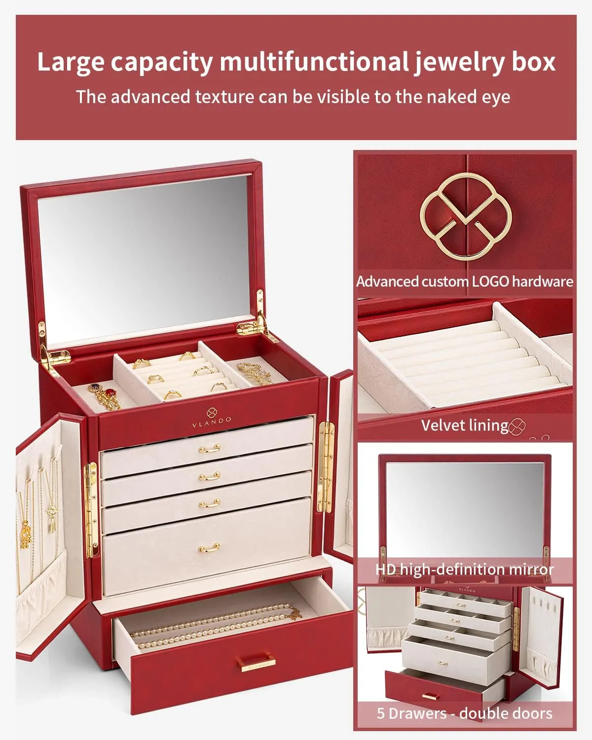 Women Girl 6-Layer Mirror externally Jewelry Case Storage with 5 Drawn Earrings Necklace Rings Watch Mothers Day Gifts for Mom Wife Women??Red?? Vlando Jewelry Box&Organizer,PU Leather Jewelry Organizer for 