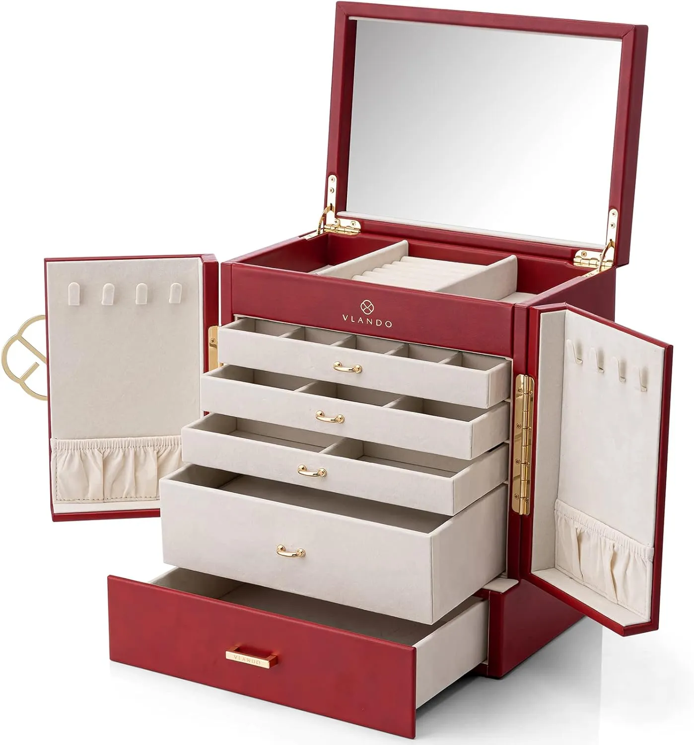 Women Girl 6-Layer Mirror externally Jewelry Case Storage with 5 Drawn Earrings Necklace Rings Watch Mothers Day Gifts for Mom Wife Women??Red?? Vlando Jewelry Box&Organizer,PU Leather Jewelry Organizer for 