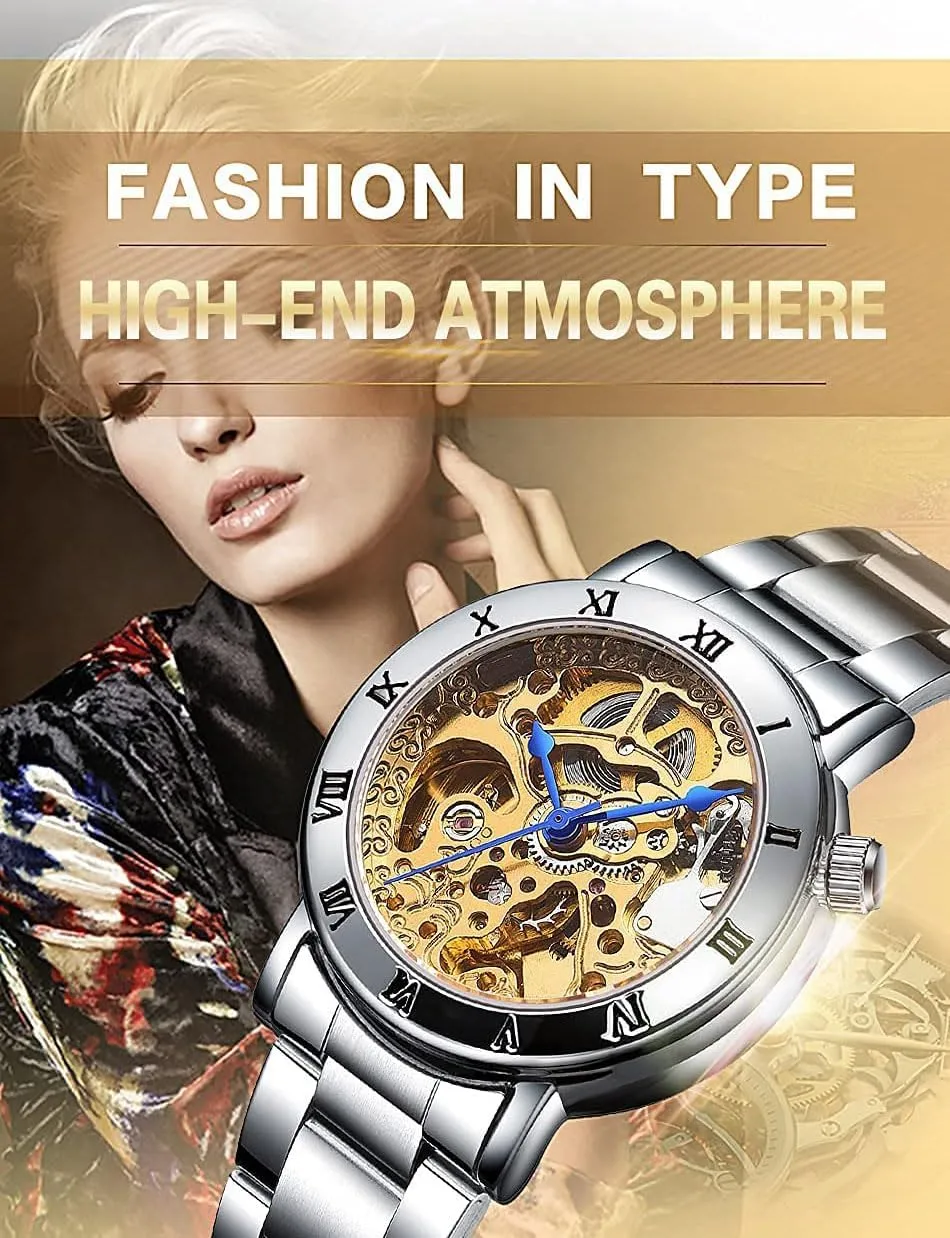 Women's Automatic Watches Luxury district Stainless Steel Band Automatic Mechanical Watch Waterproof Skeleton Wrist Watch BESTKANG 
