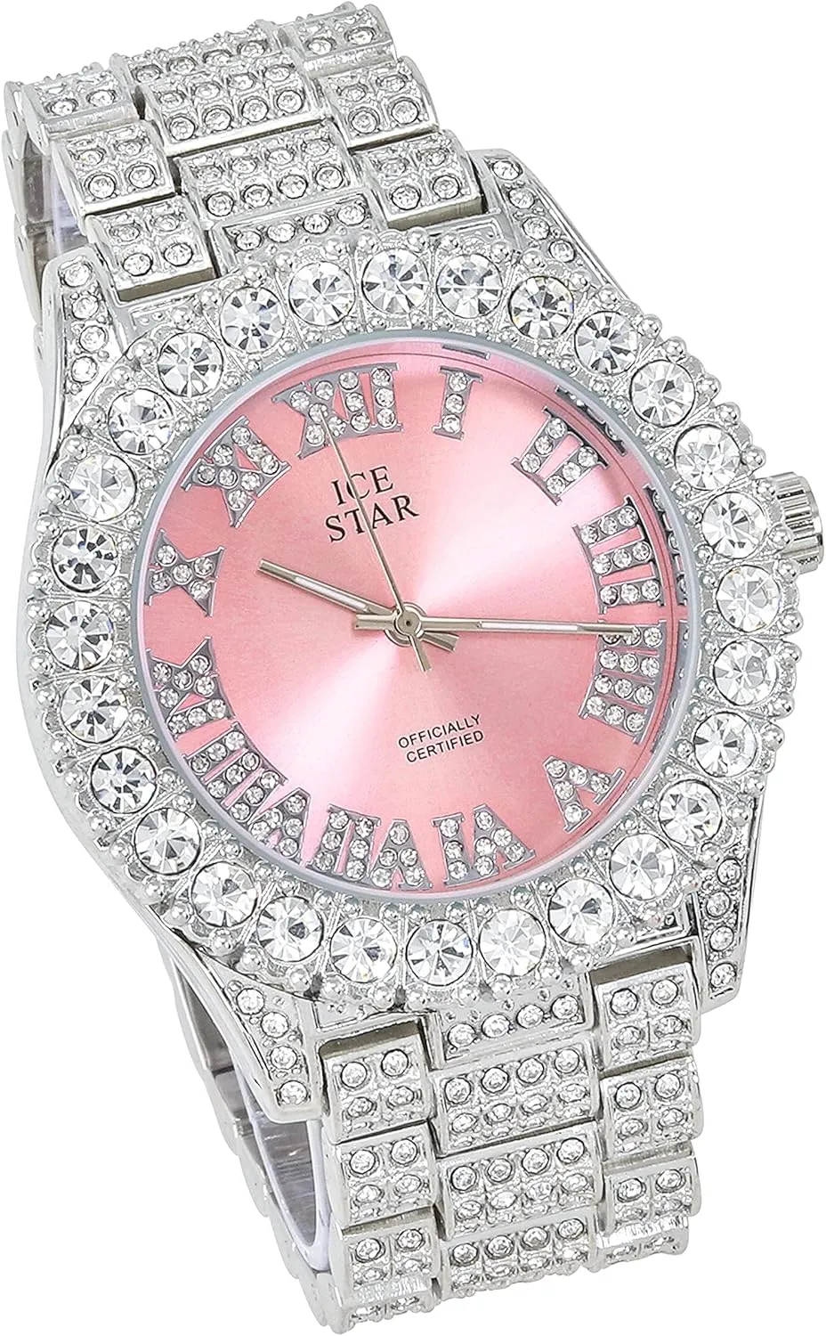 Womens discolor cud locomotive Iced Solitaire Bezel Watch & Chain Set, 44mm Case Techno Pave 