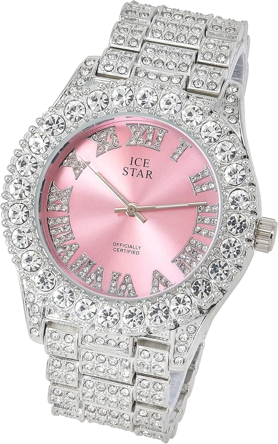 Womens discolor cud locomotive Iced Solitaire Bezel Watch & Chain Set, 44mm Case Techno Pave 