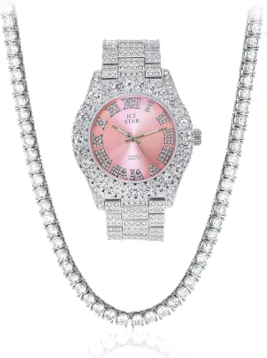 Womens discolor cud locomotive Iced Solitaire Bezel Watch & Chain Set, 44mm Case Techno Pave 