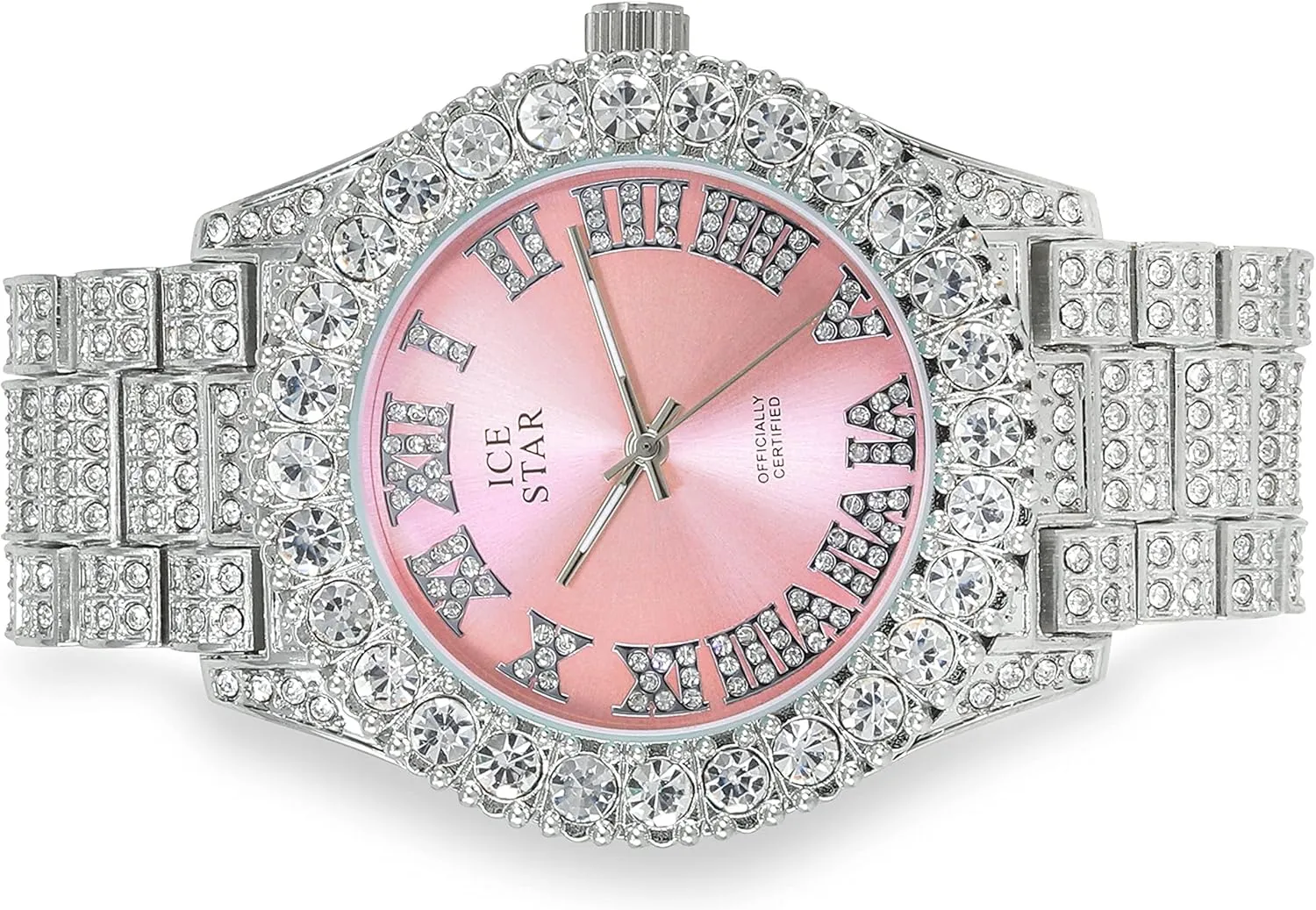 Womens discolor cud locomotive Iced Solitaire Bezel Watch & Chain Set, 44mm Case Techno Pave 