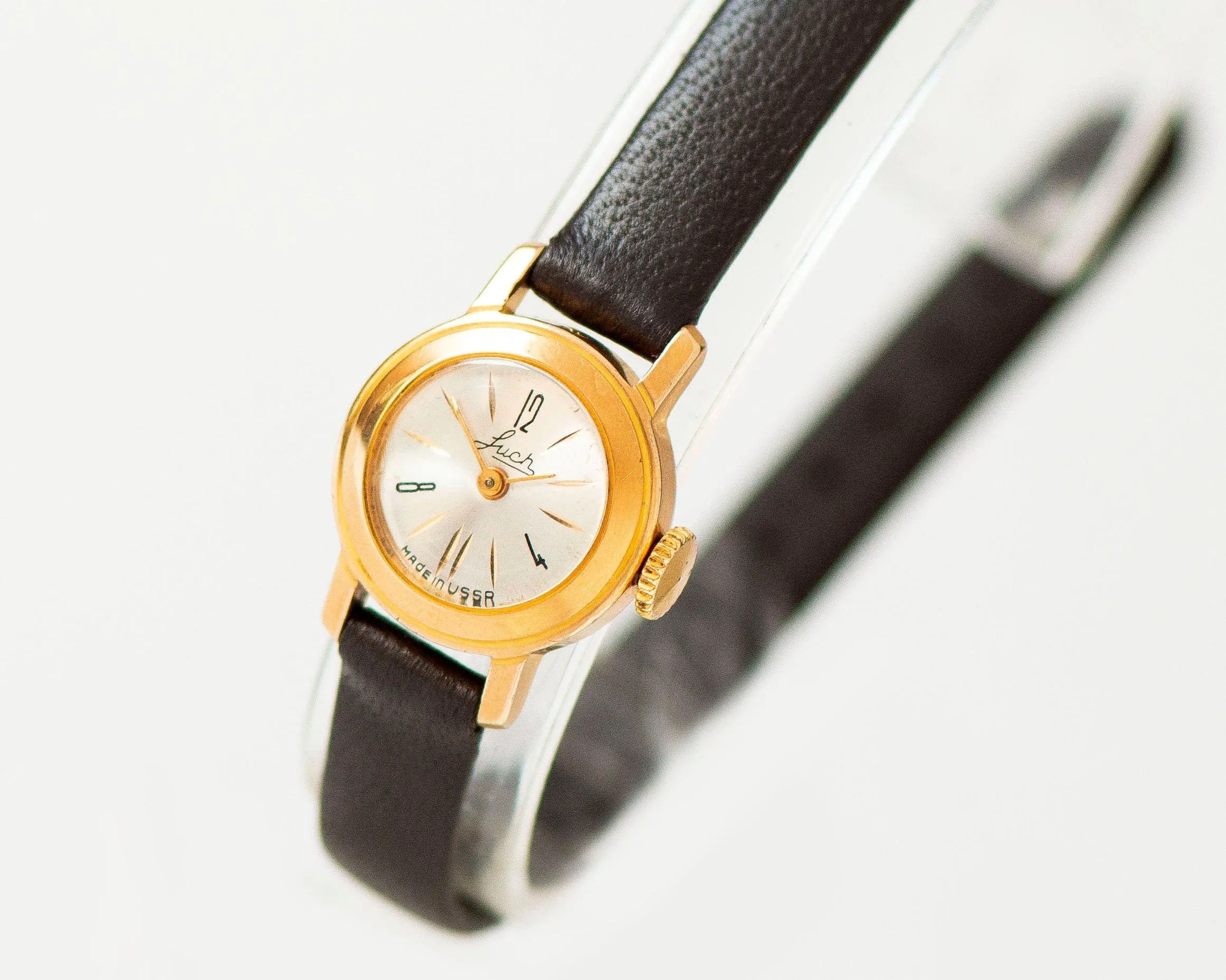 Women's watch smallest ever Ray, delicate round lady watch gold plated, limited edition tiny girl watch classic, new premium leather strap