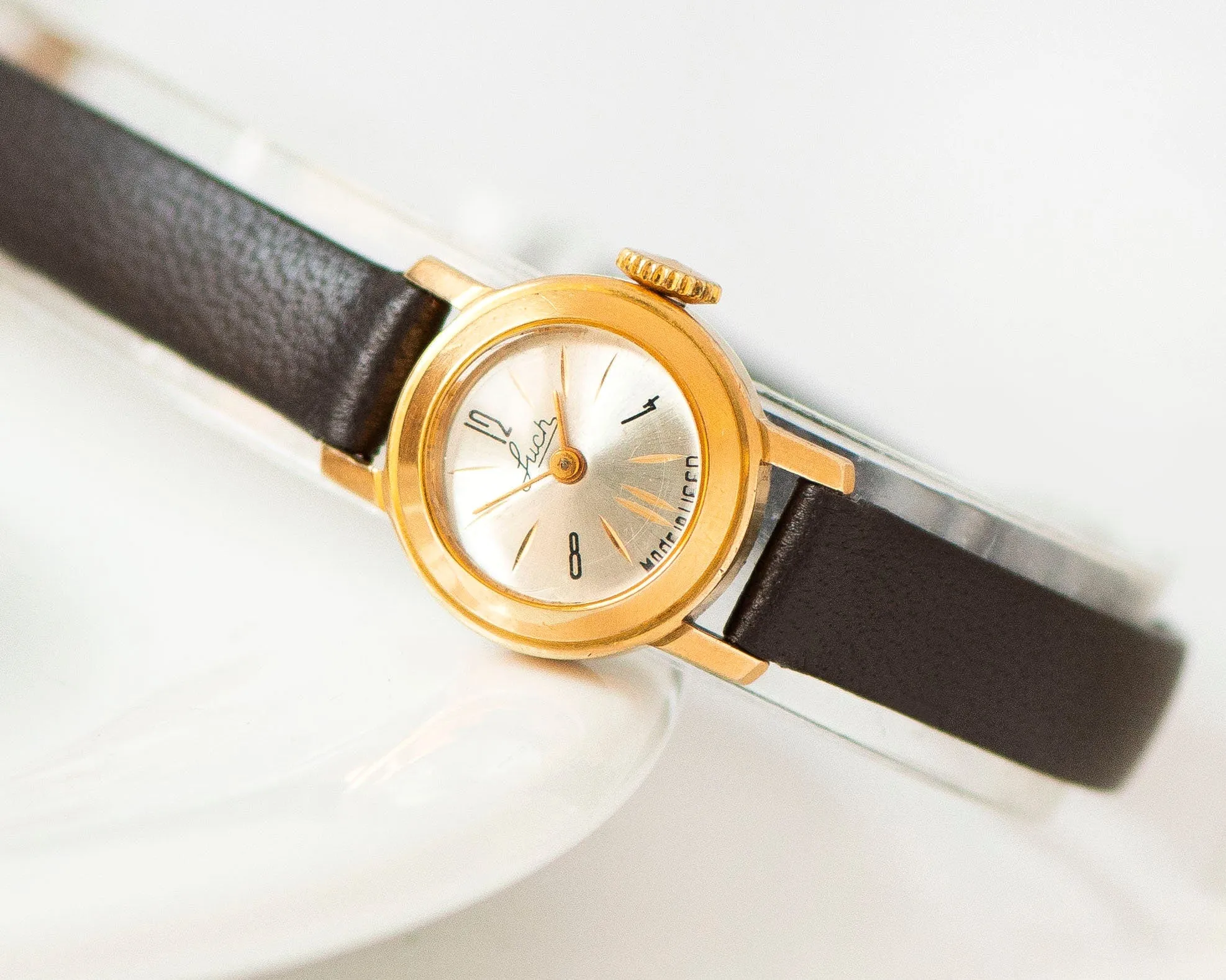 Women's watch smallest ever Ray, delicate round lady watch gold plated, limited edition tiny girl watch classic, new premium leather strap