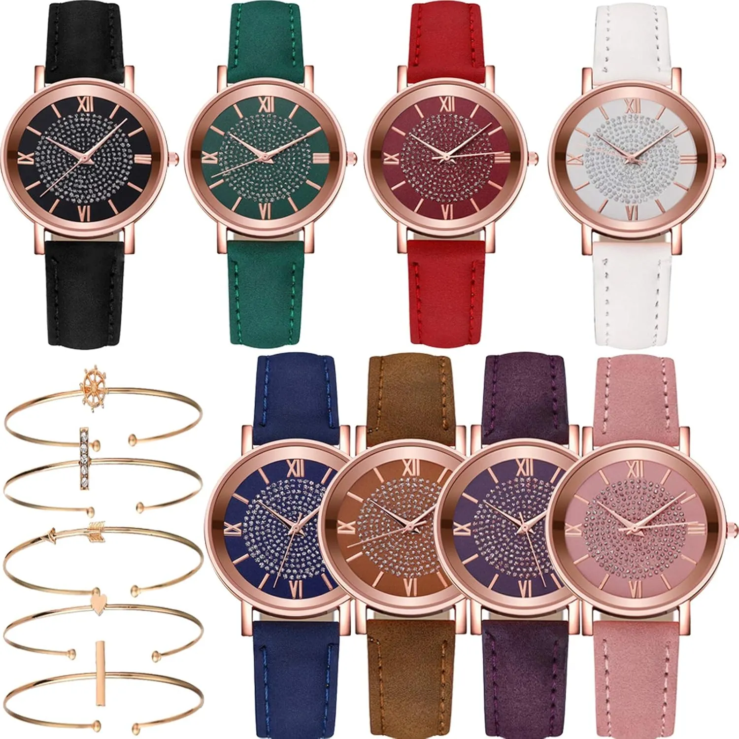 Women's Wholesale Assorted Platinum Watches Jewelry Dress Watches Rose Gold Roman Numerals Starry Sky Wrist Watch moralism empiricism Bracelet 8 Pack 