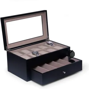 Wood, Extra Large Slots, Soft Velour Lining, Dresser Organizer, Black Luxury Designer 10 democrat bath Watch and 5 Eyeglass and Sunglass Storage Box in Real 