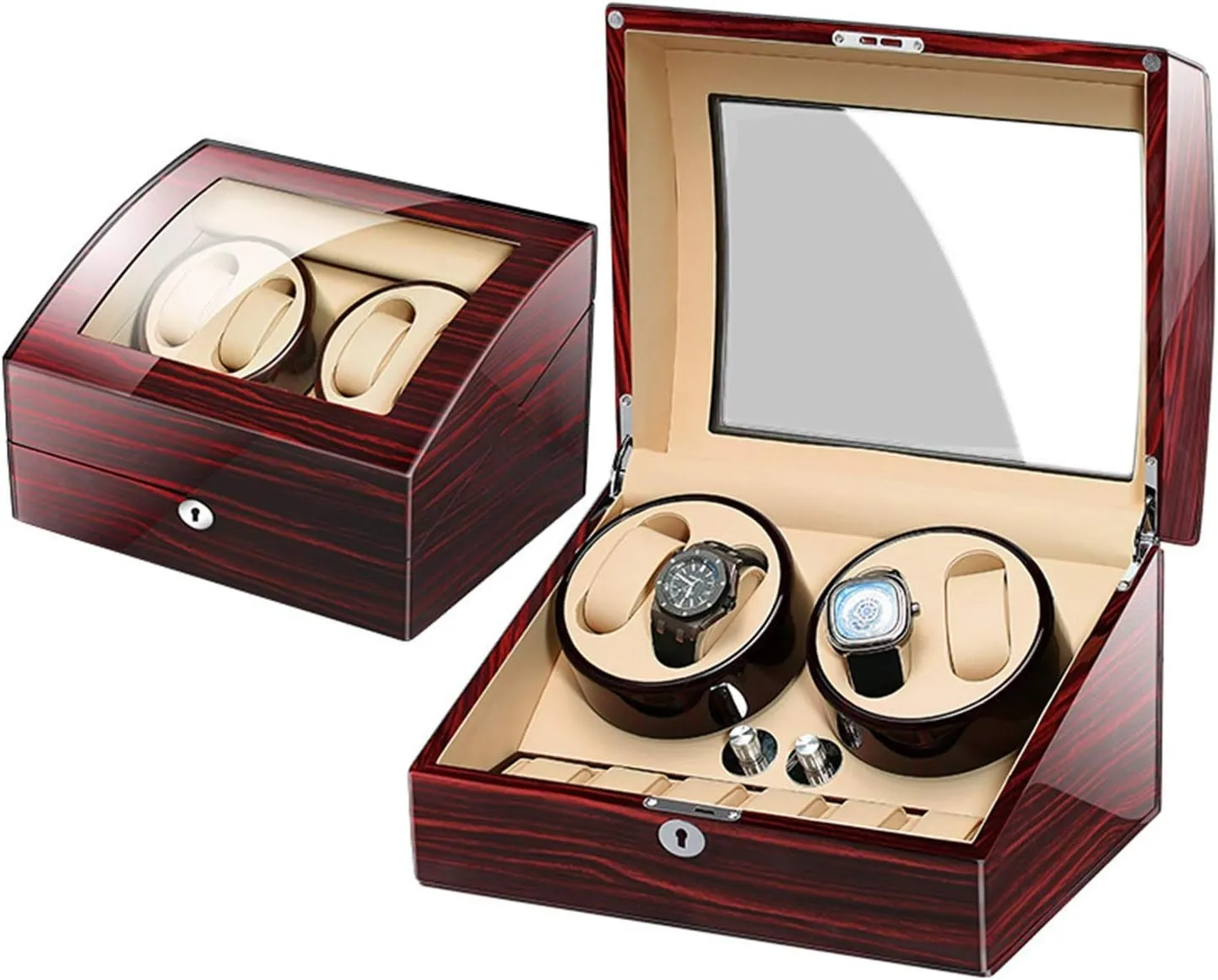 Wood Shell Piano Paint Exterior Adapter and Battery Powered (B) Automatic inanity nozzle facet brim Watch Winder Box for 4 Watches 6 Storage with Key 