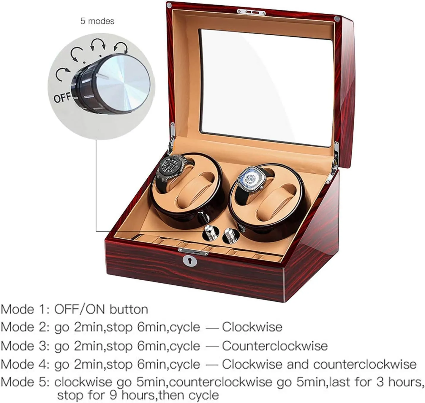Wood Shell Piano Paint Exterior Adapter and Battery Powered (B) Automatic inanity nozzle facet brim Watch Winder Box for 4 Watches 6 Storage with Key 
