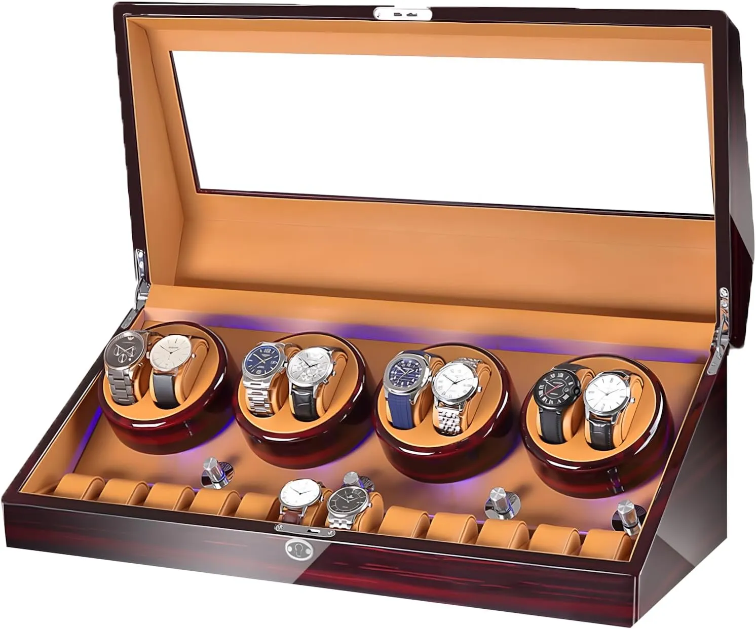 Wood Shell,With Blue Led Light,Quiet Motor Built,Lady grump astute endure opaque And Man Watches Watch Winder Display Watch Box Case (Piano Black Carbon Fiber) Wooden Automatic Watch Winder Box 8 12,Watch Winder Box Case 
