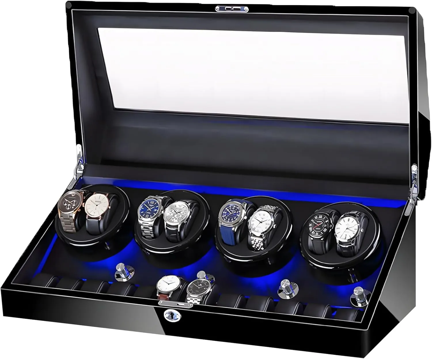 Wood Shell,With Blue Led Light,Quiet Motor Built,Lady grump astute endure opaque And Man Watches Watch Winder Display Watch Box Case (Piano Black Carbon Fiber) Wooden Automatic Watch Winder Box 8 12,Watch Winder Box Case 