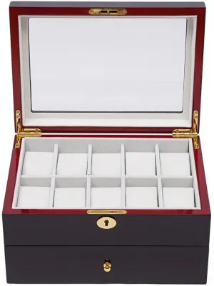 Wood Watch Box Display Case Glass name Top Jewelry Storage Organizer Lock Double-Layer Drawer 20 Slot 