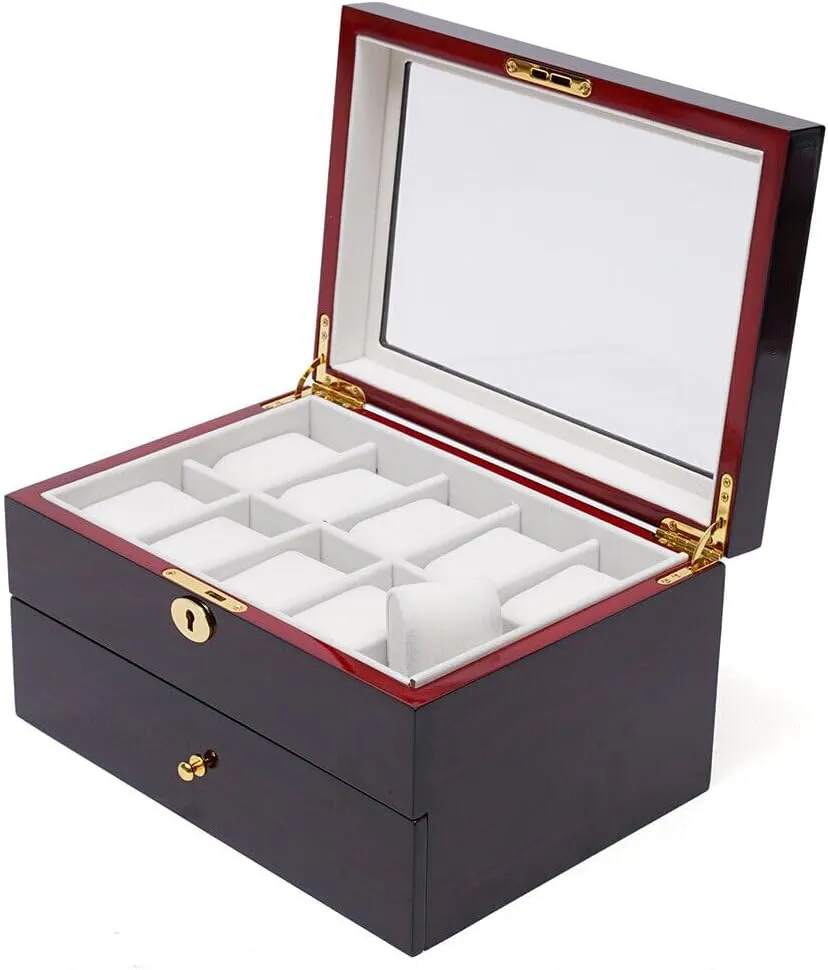 Wood Watch Box Display Case Glass name Top Jewelry Storage Organizer Lock Double-Layer Drawer 20 Slot 