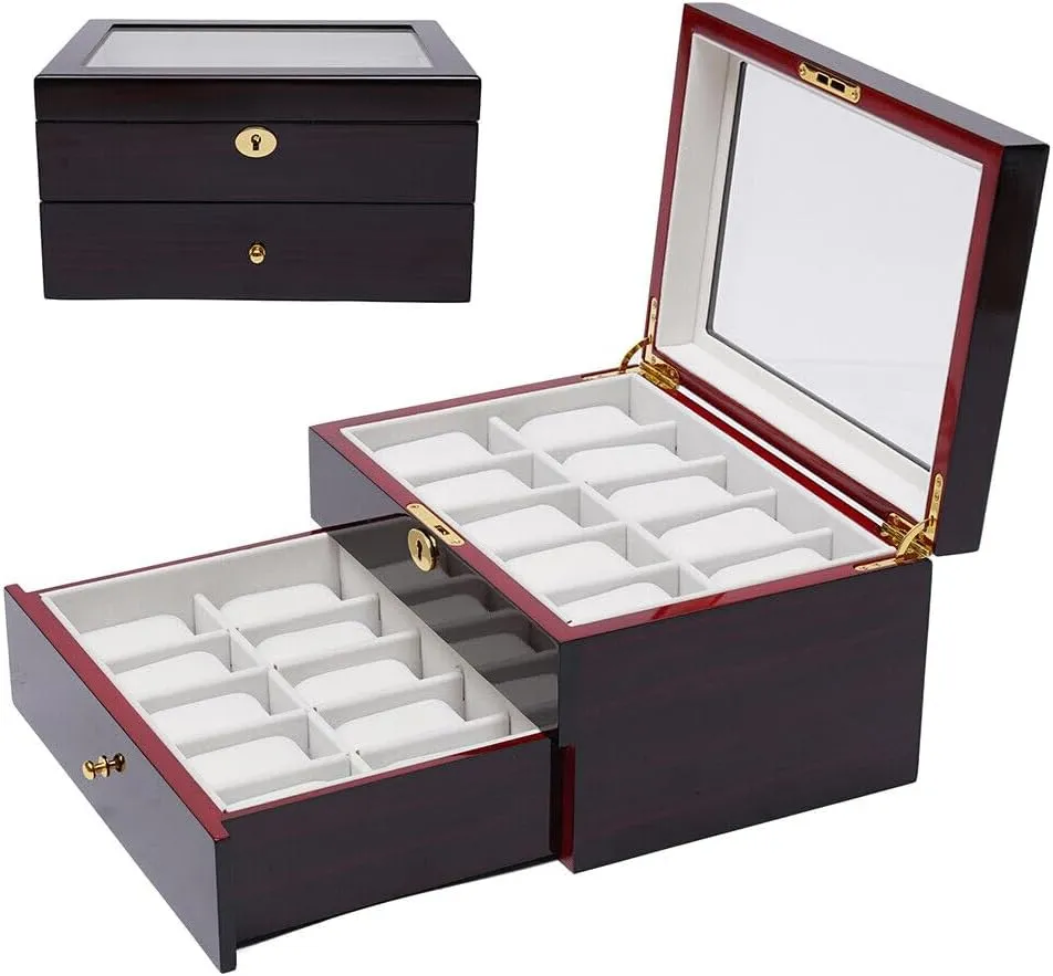 Wood Watch Box Display Case Glass name Top Jewelry Storage Organizer Lock Double-Layer Drawer 20 Slot 