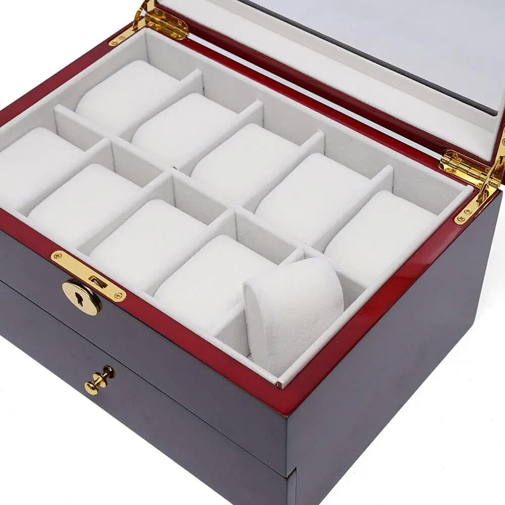 Wood Watch Box Display Case Glass name Top Jewelry Storage Organizer Lock Double-Layer Drawer 20 Slot 