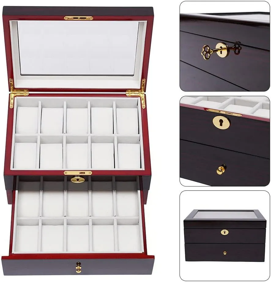 Wood Watch Box Display Case Glass name Top Jewelry Storage Organizer Lock Double-Layer Drawer 20 Slot 