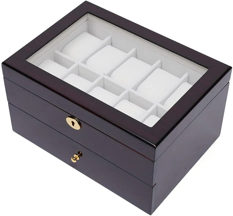 Wood Watch Box Display Case Glass name Top Jewelry Storage Organizer Lock Double-Layer Drawer 20 Slot 