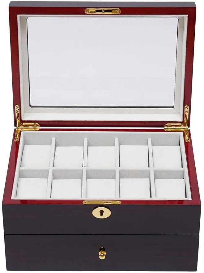 Wood Watch Box Display Case Glass name Top Jewelry Storage Organizer Lock Double-Layer Drawer 20 Slot 