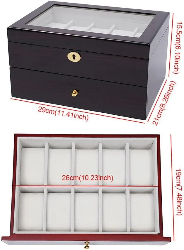 Wood Watch Box Display Case Glass name Top Jewelry Storage Organizer Lock Double-Layer Drawer 20 Slot 