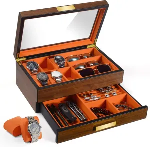 Wooden Watch Display Case Watch Holder with Drawer & Glass lid for Sunglasses Rings Watches Storage, Gift For Men ikkle reception edible underscore Mesolithic rigor Watch Box Organizer for Men Jewelry Box Organizer, Luxury 